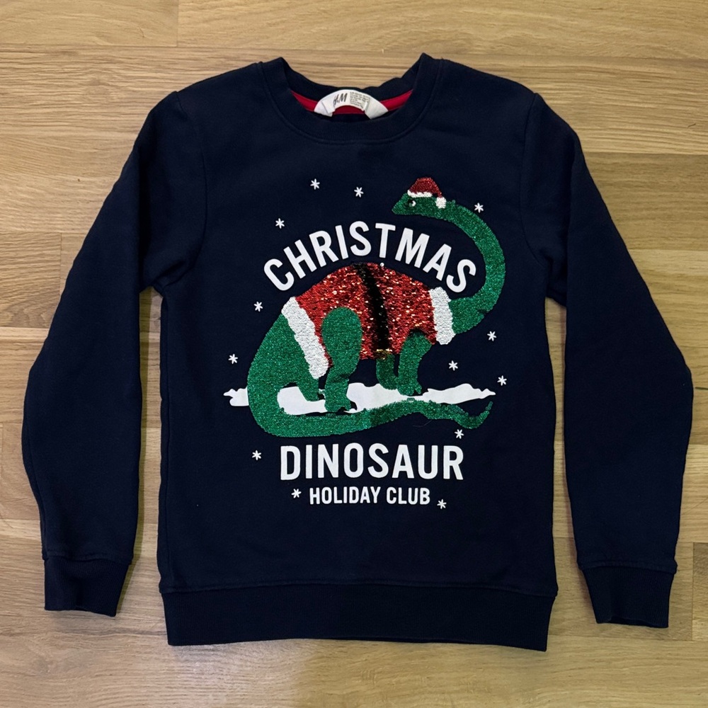 H&M Navy Christmas Dinosaur Sweatshirt EUC